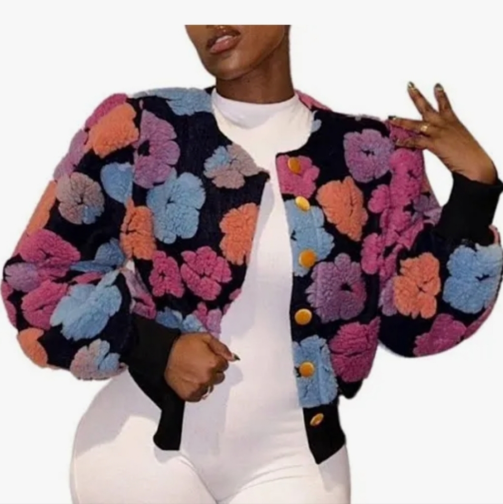 Floral Plush Cropped Bomber Jacket